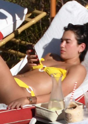 Dua Lipa - Wearing yellow bikini in Miami