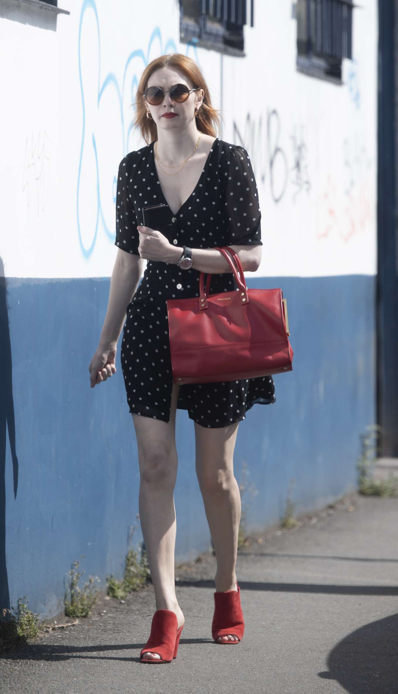 Eleanor Tomlinson in Polka Dot Mini Dress â€“ Out in London