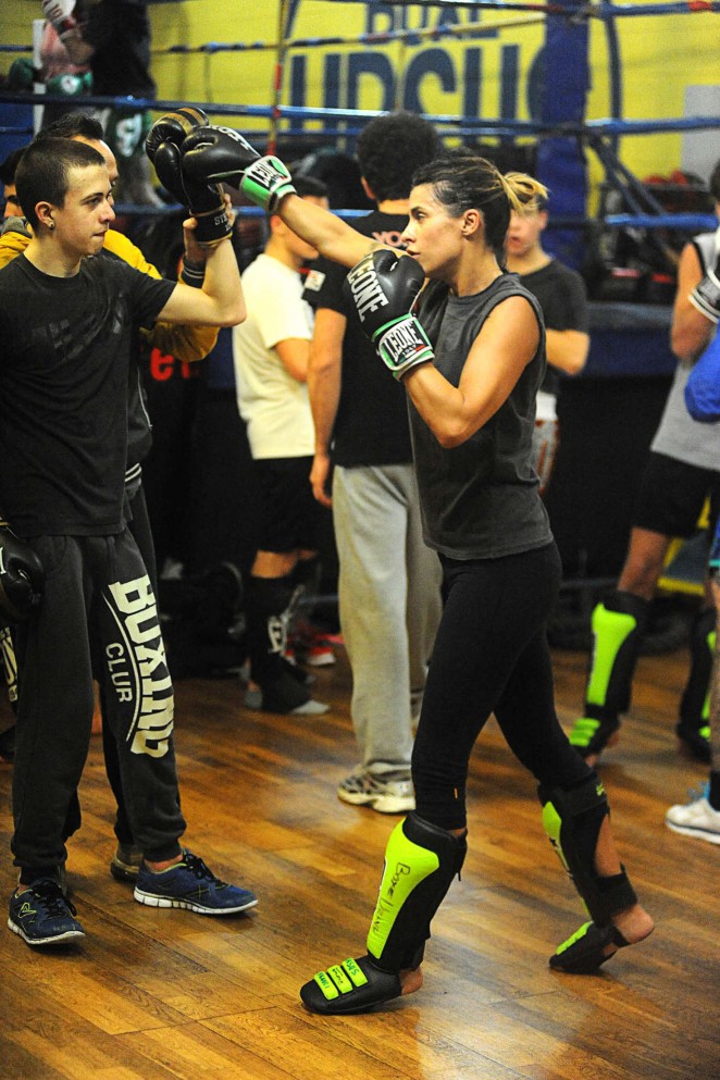 Elisabetta Canalis kickboxing in the gym in Milan