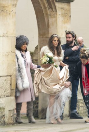 Elizabeth Hurley - On the set of 'Christmas in the Caribbean' with Stephanie Beecham in London
