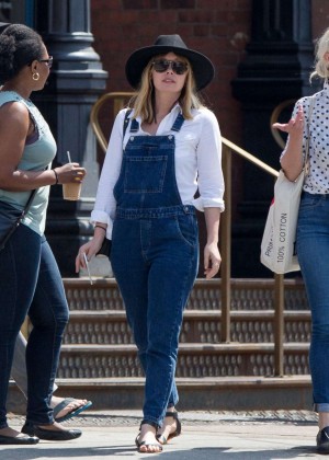 Elizabeth Olsen in Jeans Jumpsuit Jeans Out in NY