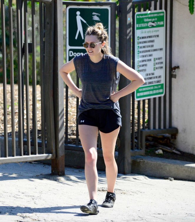 Elizabeth Olsen in Shorts out for a hike at Runyon Canyon in Hollywood