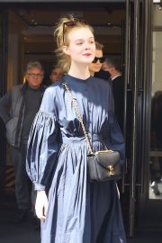 Elle Fanning in a Long Sleeved Navy Blue Dress - Out in NYC