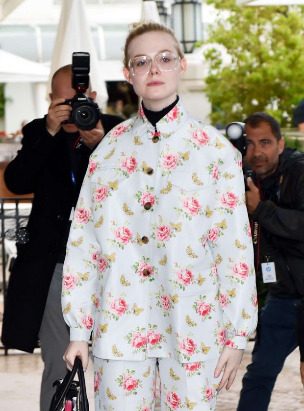 Elle Fanning in Floral Print Outfit in Cannes