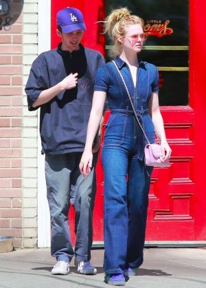 Elle Fanning in Jeans Jumsuit out in Los Feliz