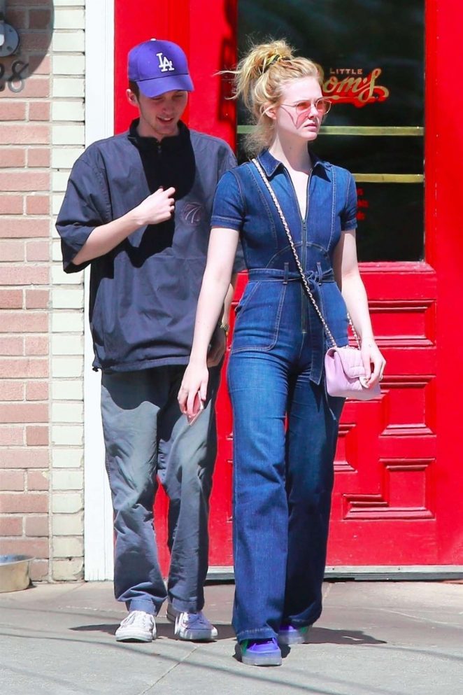 Elle Fanning in Jeans Jumsuit out in Los Feliz