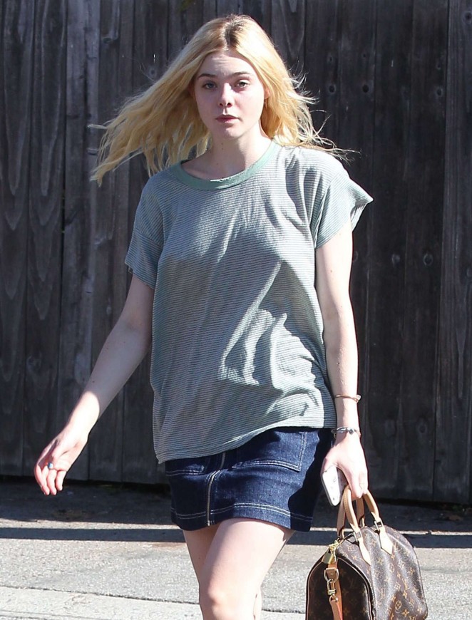Elle Fanning in Jeans Skirt Out in Beverly Hills