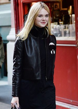 Elle Fanning in Leather Jacket Out in New York