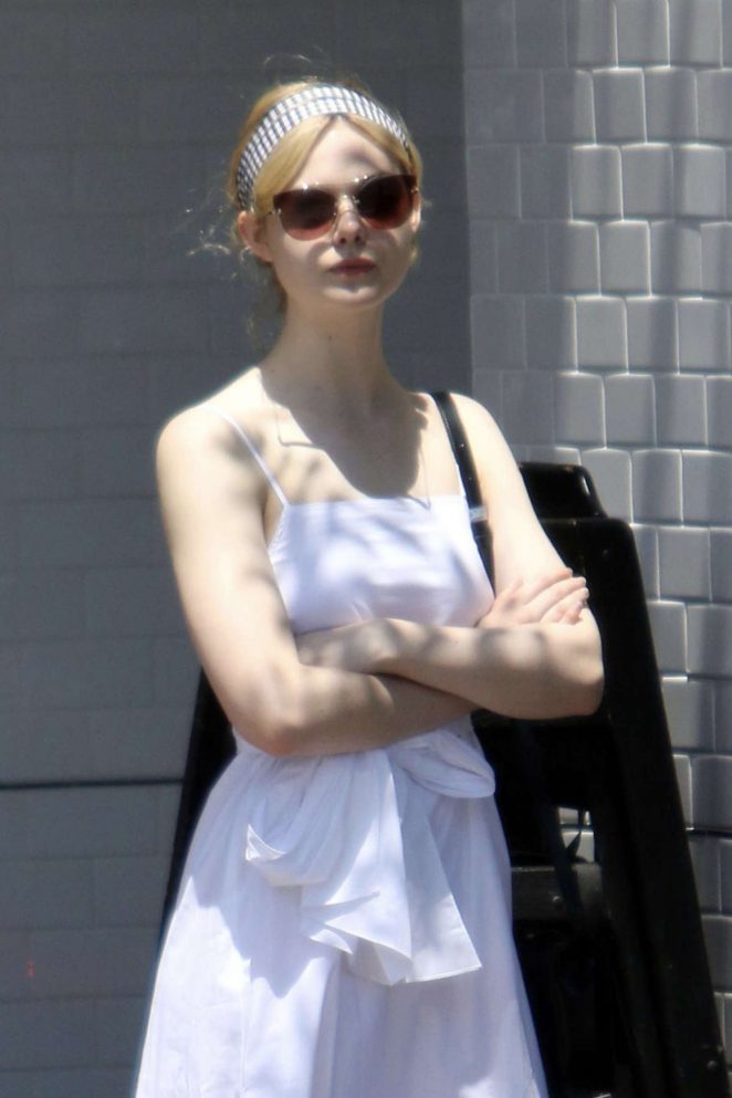 Elle Fanning in Long White Dress out in Studio City