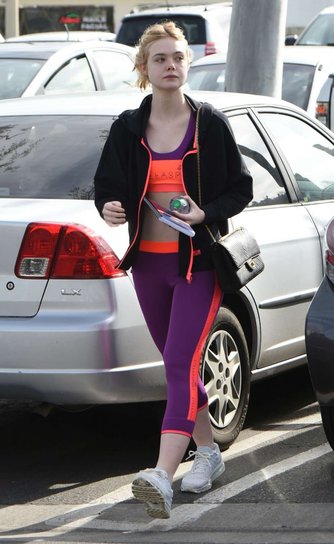 Elle Fanning in Tights heads to the gym in Los Angeles