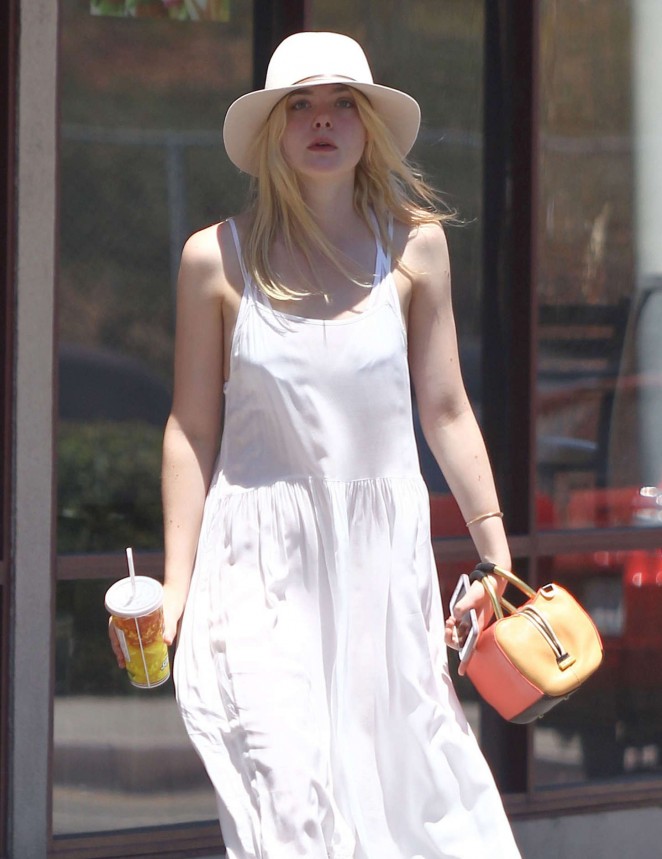 Elle Fanning in White Long Dress out in Studio City