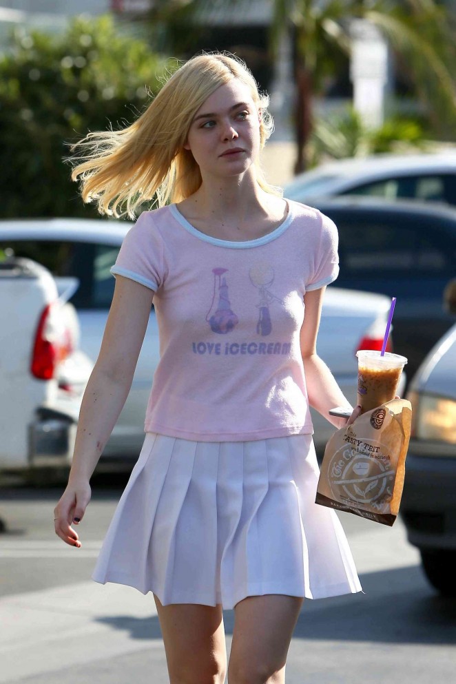 Elle Fanning in White Mini Skirt Out in LA