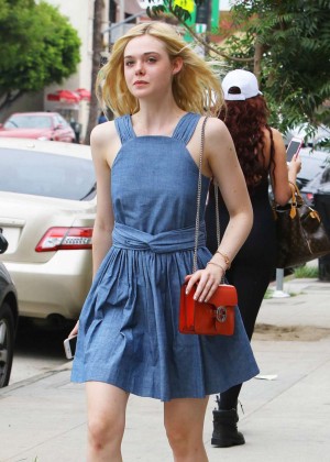 Elle Fanning in Blue Mini Dress out in Studio City