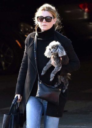 Ellen Pompeo at a salon with her poodle in West Hollywood