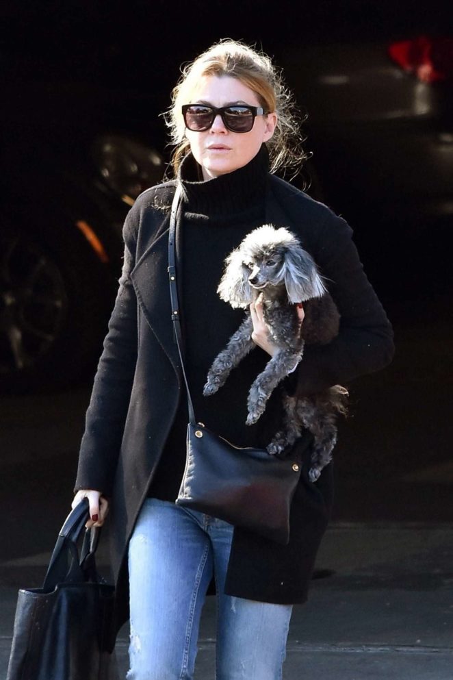 Ellen Pompeo at a salon with her poodle in West Hollywood