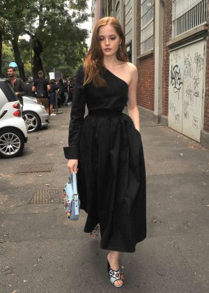 Ellie Bamber in Black Dress at Fashion Week in Milan