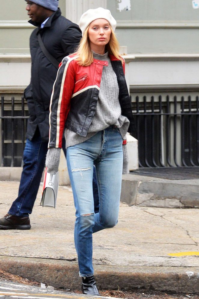 Elsa Hosk - In black and red leather jacket seen out in NYC
