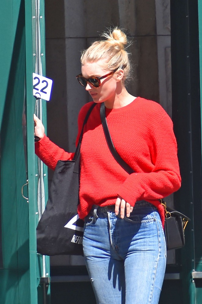 Elsa Hosk in Jeans and Red Sweaters out in New York City