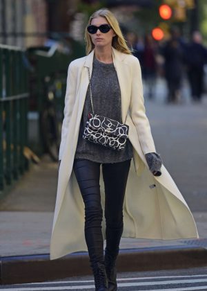 Elsa Hosk in leather pants in New York City