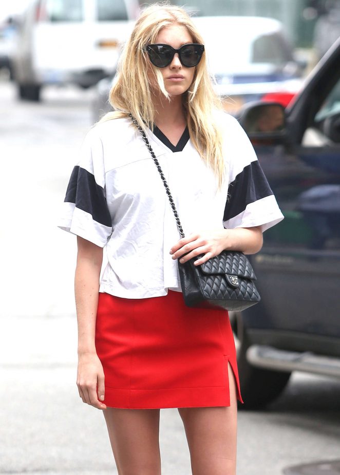 Elsa Hosk in Red Mini Skirt out in New York City