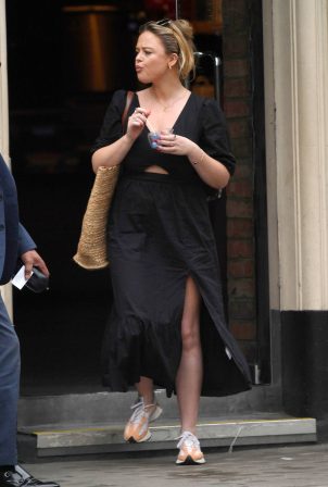 Emily Atack - In a black summer dress seen at a Central London Pret cafe
