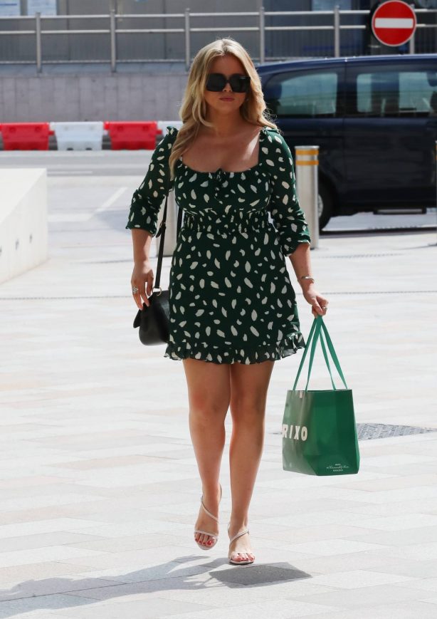 Emily Atack - Wearing a patterned mini dress while leaving Sunday Brunch TV show in London
