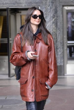 Emily Ratajkowski - In a brown leather jacket while exiting her podcast taping in New York