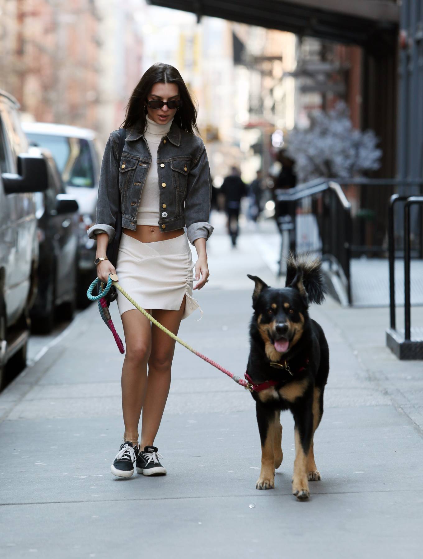 Emily Ratajkowski - In a white mini skirt walking her dog in New York