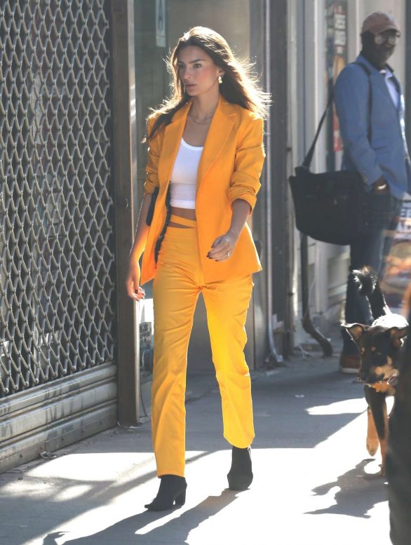 Emily Ratajkowski in Bold Orange Suit - Out in Manhattan