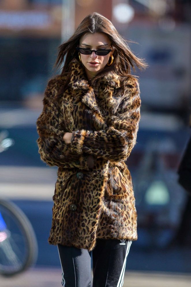 Emily Ratajkowski in Leopard Fur Coat - Out in NYC