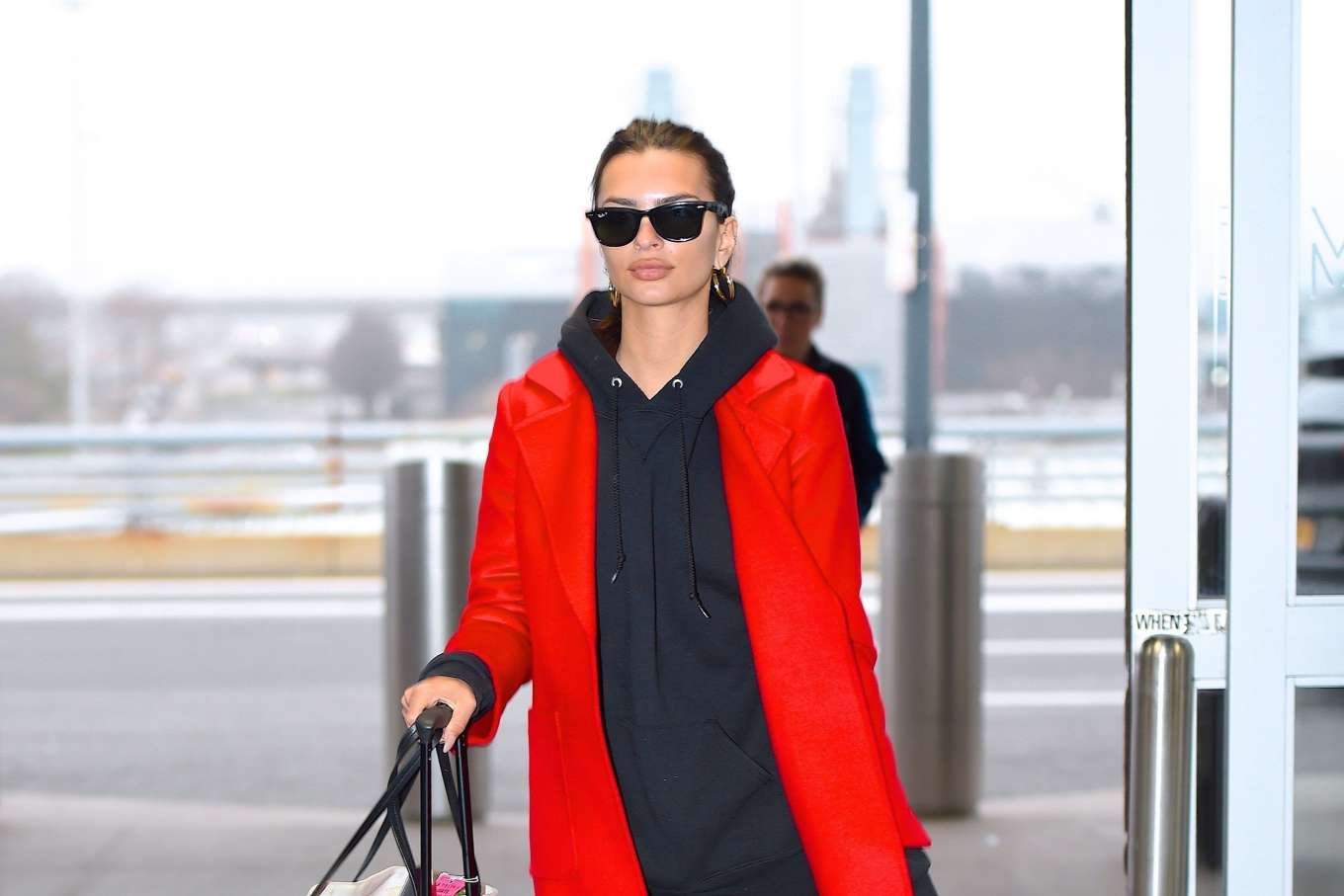 Emily Ratajkowski 2020 : Emily Ratajkowski in red coat ready for flight at JFK airport-10