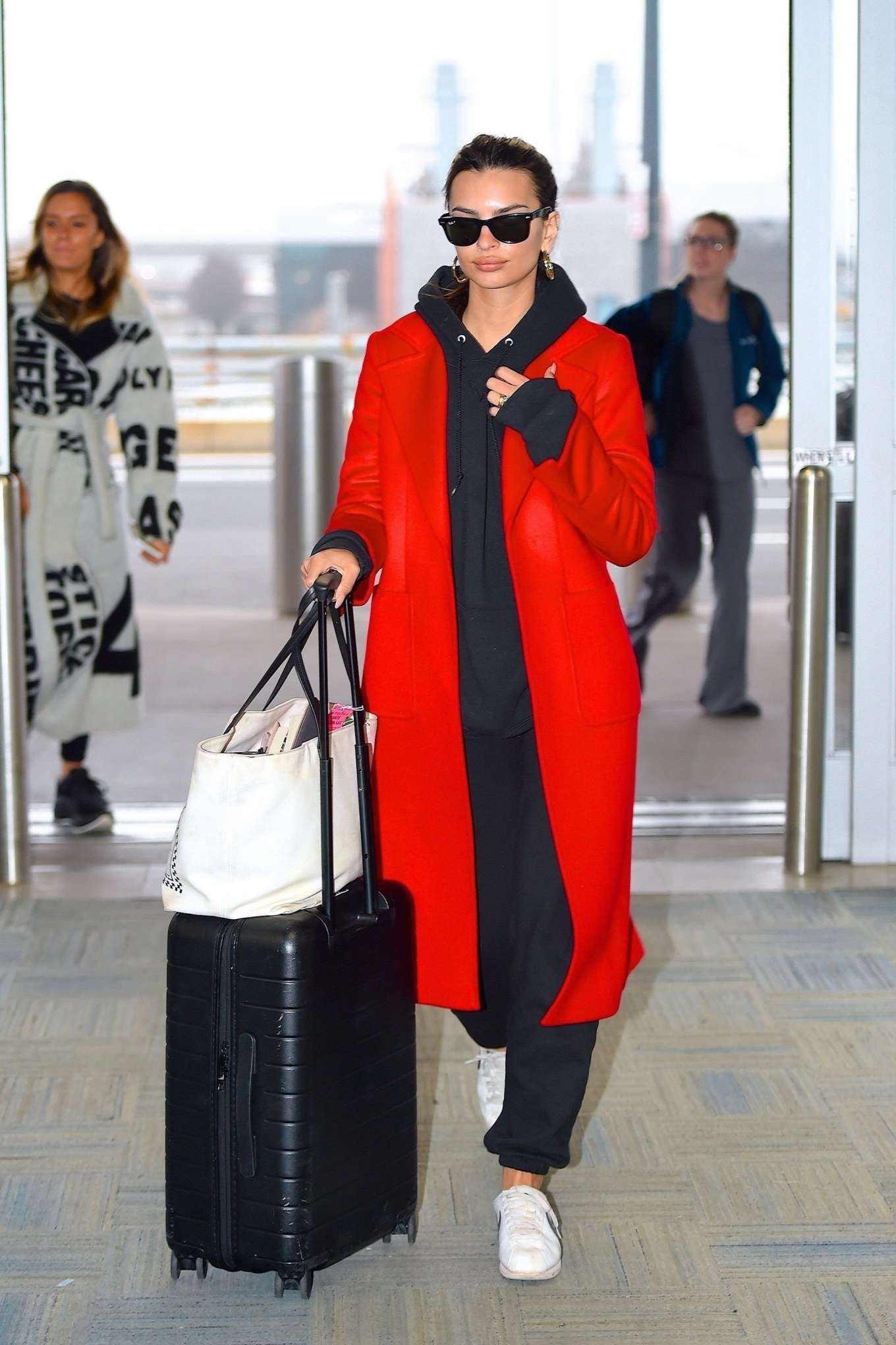 Emily Ratajkowski 2020 : Emily Ratajkowski in red coat ready for flight at JFK airport-14