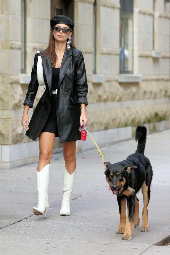 Emily Ratajkowski in White Boots and Black Leather Coat - Walking her dog Colombo in New York