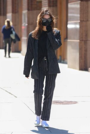 Emily Ratajkowski - Out in a navy blue striped suit in New York