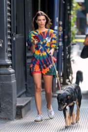 Emily Ratajkowski - out in full color shirt with her dog in New York