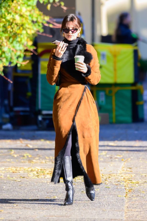 Emily Ratajkowski - Rocks in a brown coat as she steps out for coffee in NYC