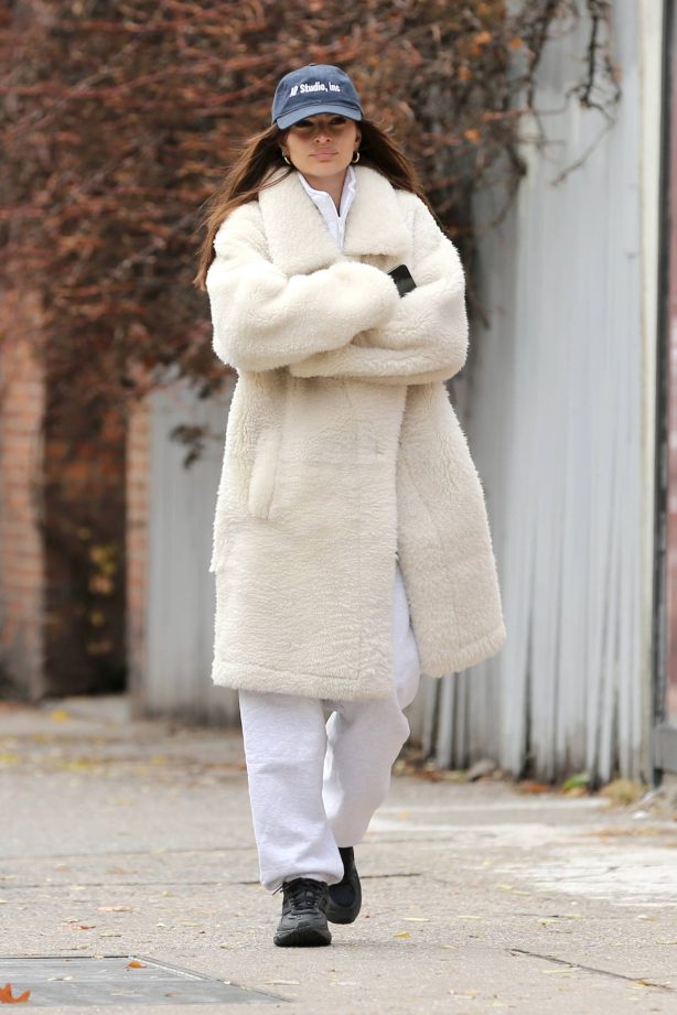 Emily Ratajkowski - Wera white fluffy coat while out in New York