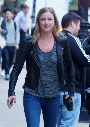 Emily VanCamp in Jeans and Leather Jacket out in Tribeca