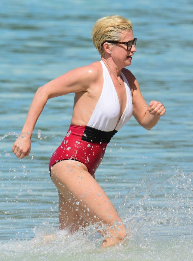 Emma Forbes in Red and White Swimsuit in Barbados