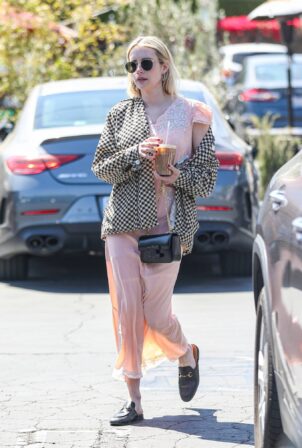 Emma Roberts - In a checkered jacket while out for a coffee at Mauro Cafe