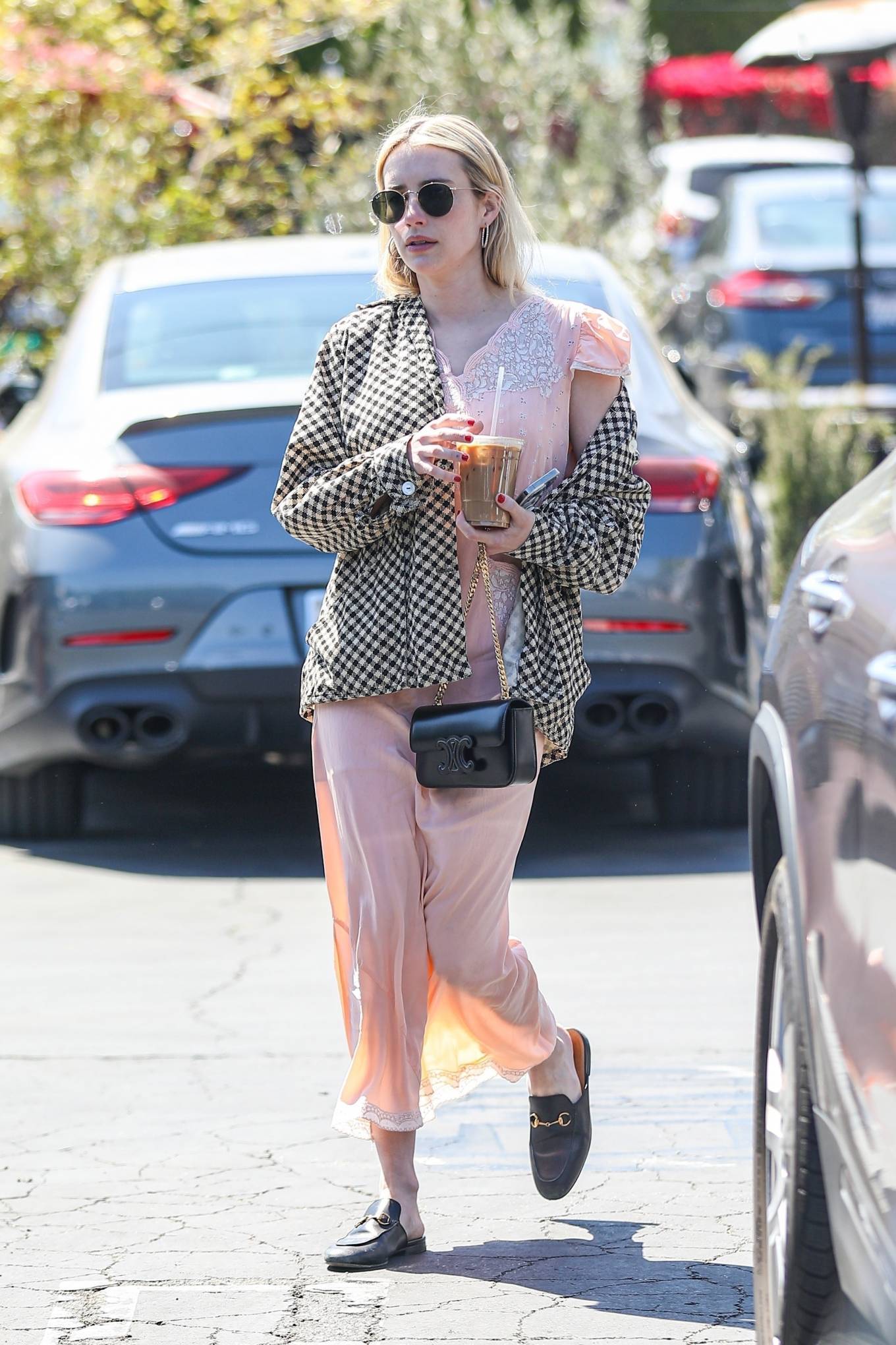 Emma Roberts - In a checkered jacket while out for a coffee at Mauro Cafe