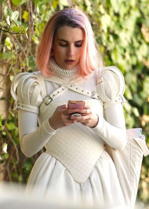 Emma Roberts in costume on the set of 'Paradise Hills' in Barcelona