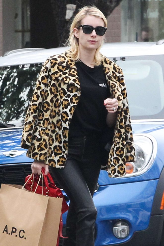 Emma Roberts in Leopard Print Coat Shopping in Los Angeles