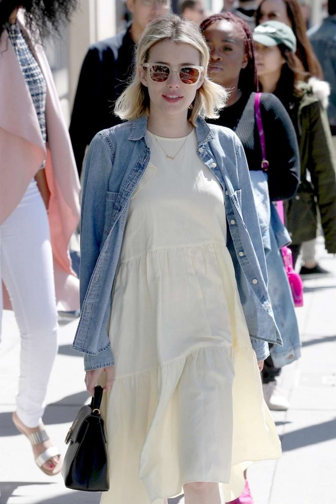 Emma Roberts in Summer Dress and Denim Jacket out in Beverly Hills