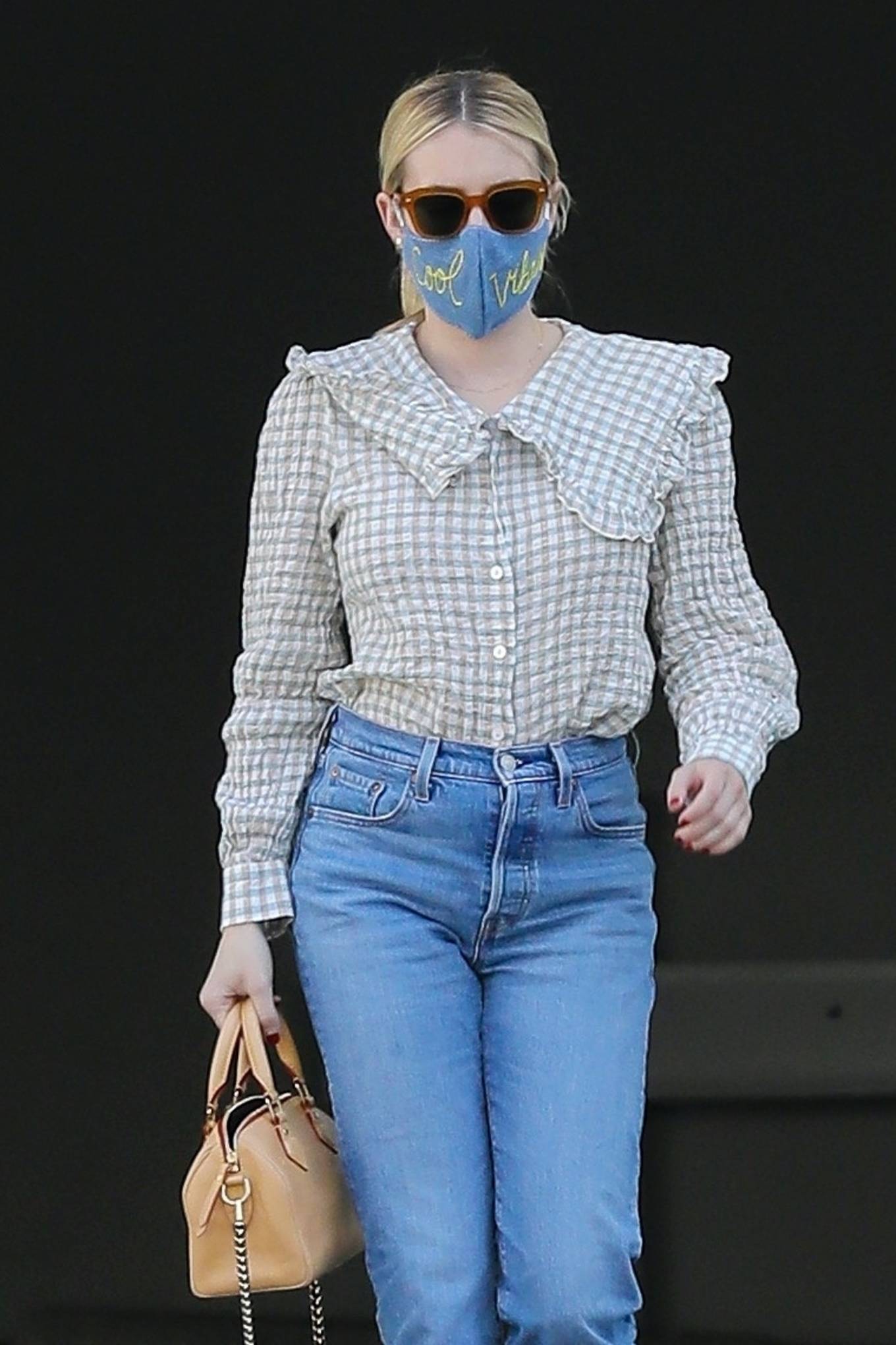 Emma Roberts – Wearing a mask reading ‘Cool Vibes’ in West Hollywood ...