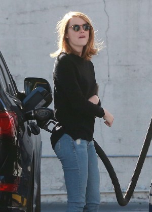 Emma Stone in Jeans at a gas station in Studio City