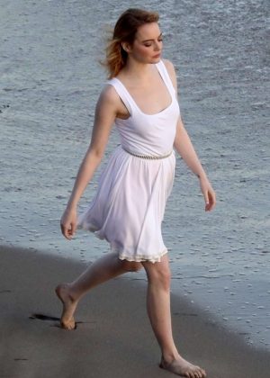 Emma Stone in White Dress - Photoshoot on the beach in Malibu