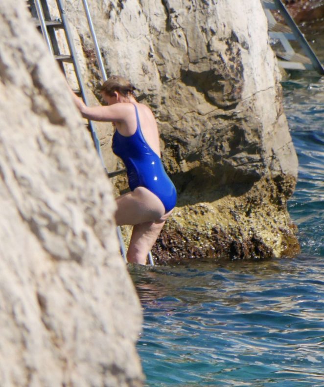 Emma Thompson in Blue Swimsuit at Eden Roc in Cannes