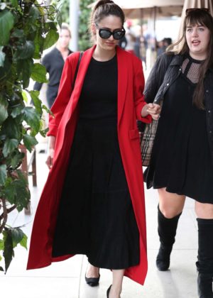 Emmy Rossum in a Long Red Coat at Il Pastaio in Beverly Hills
