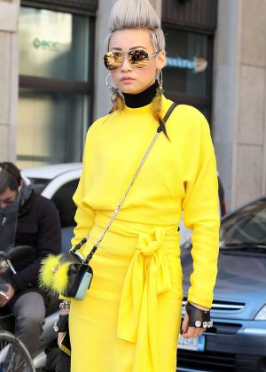 Esther Quek in Yellow Coat Out in Milan